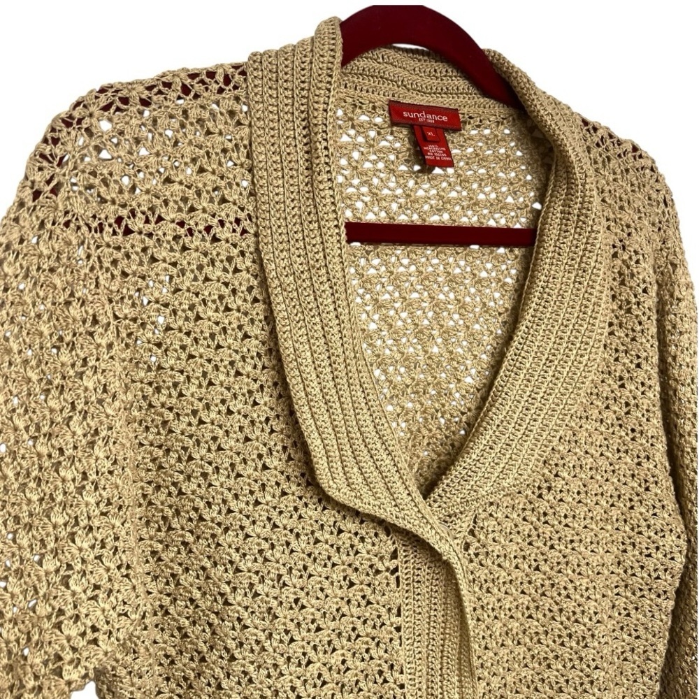 Sundance Tan Crochet Bohemian Snap Front Demure Cardigan Sweater Women’s XL - Picture 5 of 7